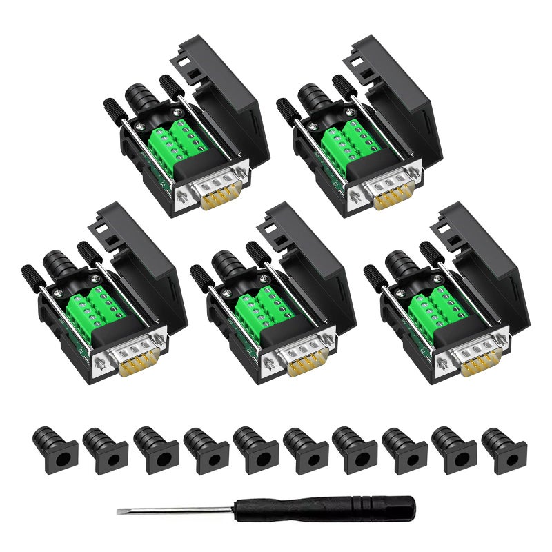 YIOVVOM DB9 Breakout Connector, Male 9 pin RS232 connectors, Solderless D-SUB RS485 Serial Adapter Module Board with Screw Terminals, Case, Long Bolts 5 PCS Male Adapter - Image 1
